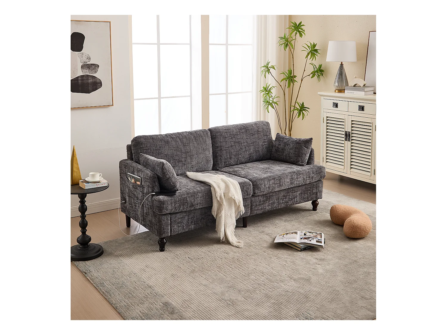 Canapé 2 places gris en chenille - Canapé droit avec rangement et éclairage LED - port de charge USB et pieds en bois