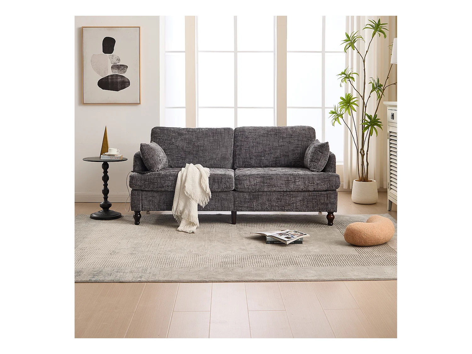 Canapé 2 places gris en chenille - Canapé droit avec rangement et éclairage LED - port de charge USB et pieds en bois