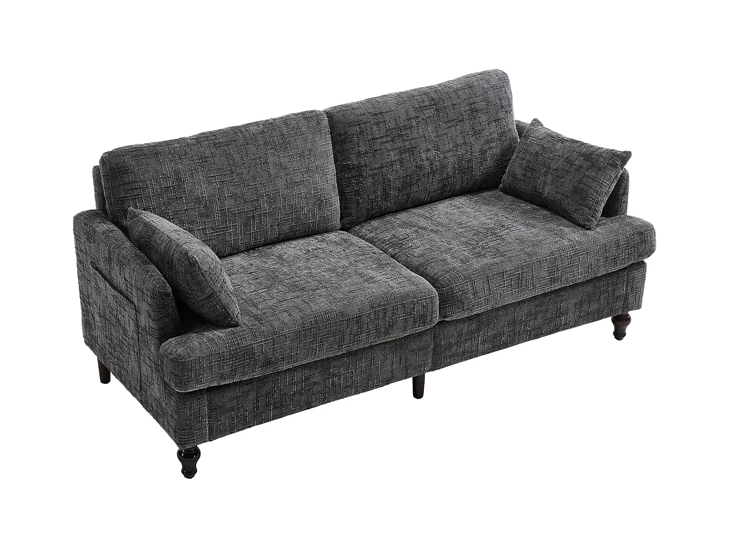 Canapé 2 places gris en chenille - Canapé droit avec rangement et éclairage LED - port de charge USB et pieds en bois