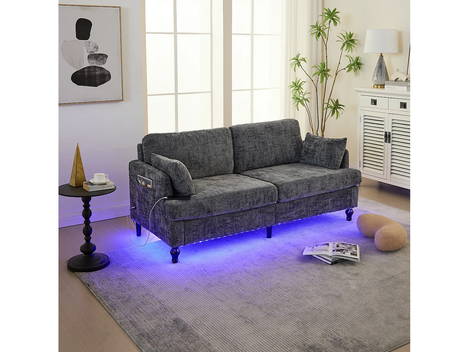 Grijze chenille 2-zitsbank - Rechte bank met opbergruimte en ledverlichting - USB-oplaadpoort en houten poten