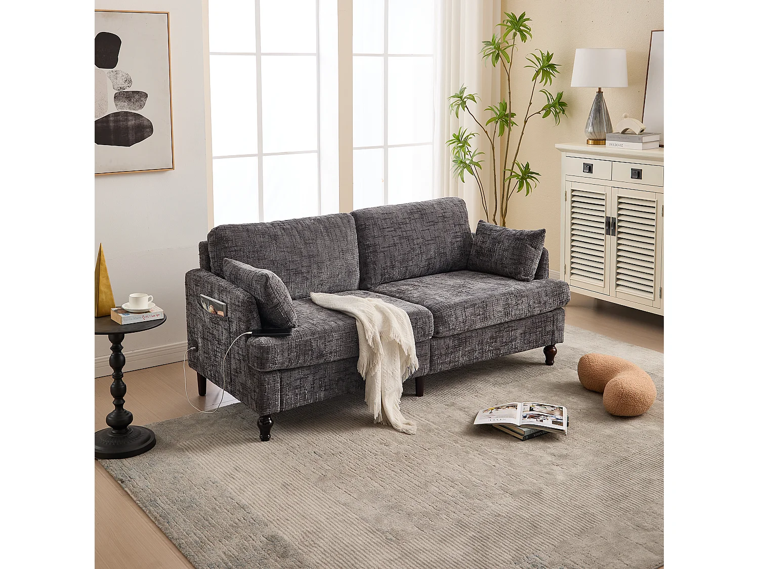 Grijze chenille 2-zitsbank - Rechte bank met opbergruimte en ledverlichting - USB-oplaadpoort en houten poten