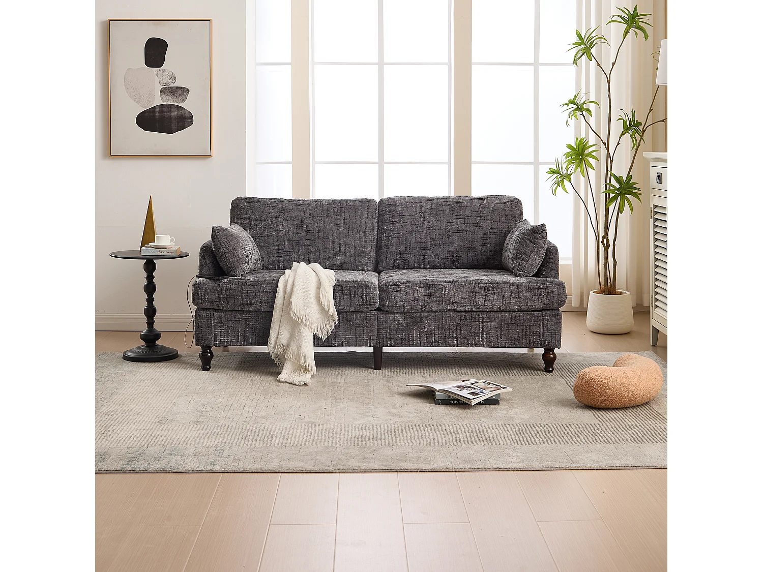 Grijze chenille 2-zitsbank - Rechte bank met opbergruimte en ledverlichting - USB-oplaadpoort en houten poten