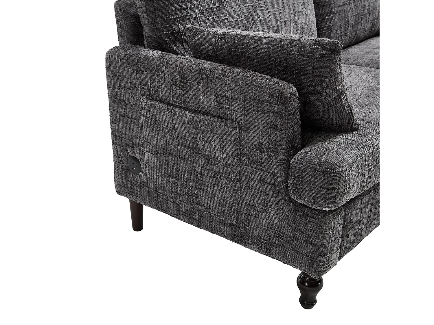 Grijze chenille 2-zitsbank - Rechte bank met opbergruimte en ledverlichting - USB-oplaadpoort en houten poten