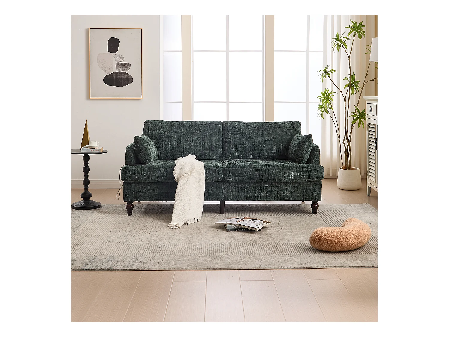 Canapé 2 places vert en chenille - Canapé droit avec rangement et éclairage LED - port de charge USB et pieds en bois