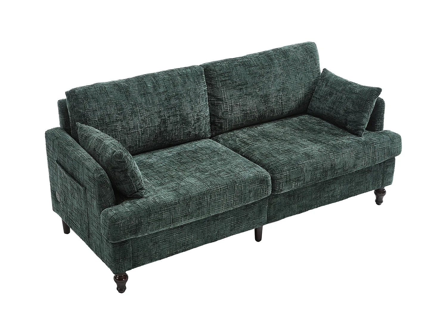 Canapé 2 places vert en chenille - Canapé droit avec rangement et éclairage LED - port de charge USB et pieds en bois