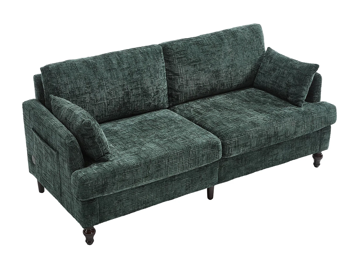 Sofá de 2 plazas de chenilla verde - Sofá recto con almacenaje e iluminación LED - Puerto de carga USB y patas de madera