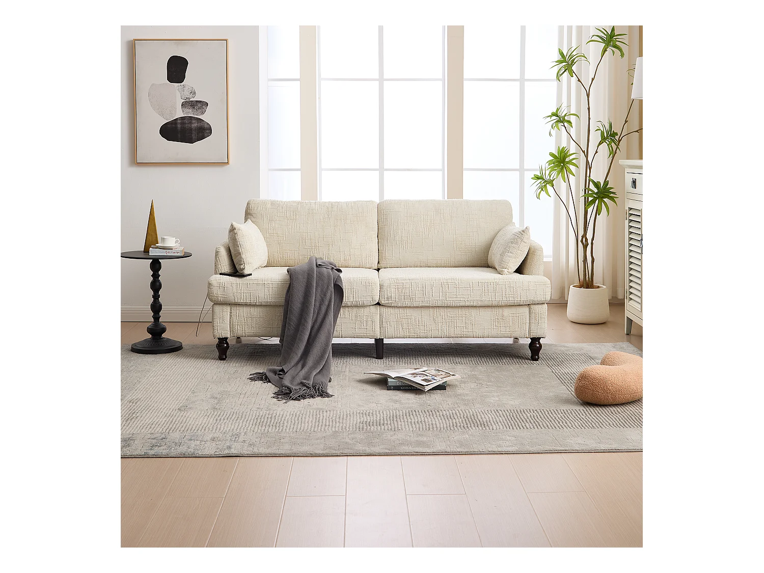 Canapé 2 places beige en chenille - Canapé droit avec rangement et éclairage LED - port de charge USB et pieds en bois