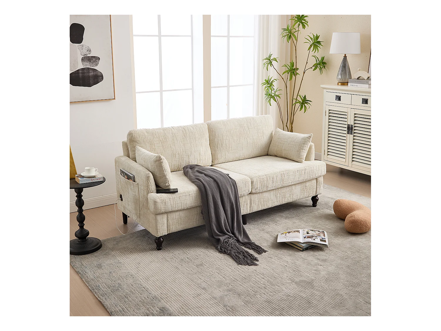 Canapé 2 places beige en chenille - Canapé droit avec rangement et éclairage LED - port de charge USB et pieds en bois