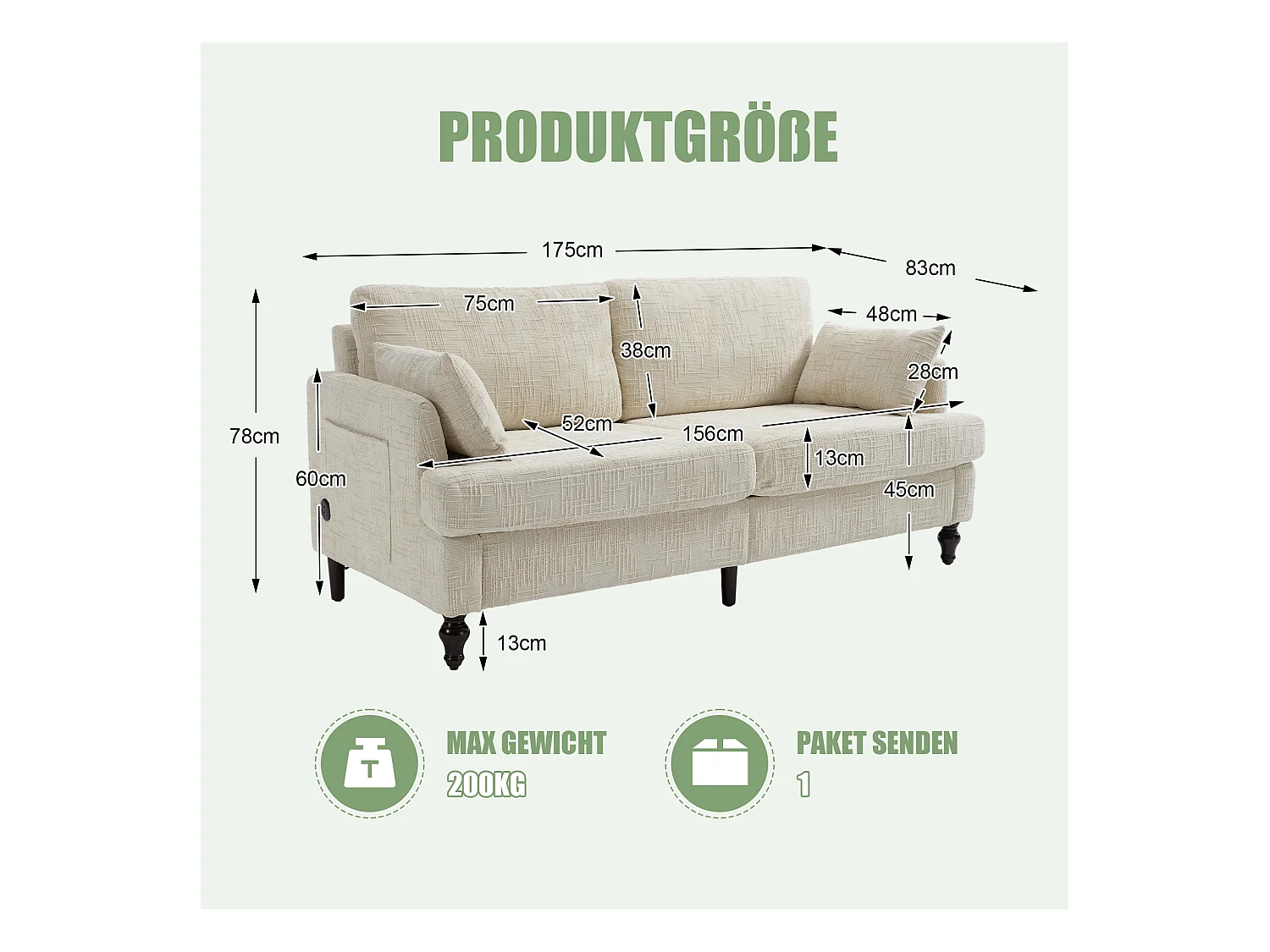 Canapé 2 places beige en chenille - Canapé droit avec rangement et éclairage LED - port de charge USB et pieds en bois