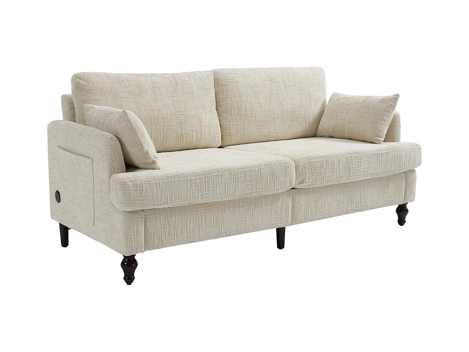 Canapé 2 places beige en chenille - Canapé droit avec rangement et éclairage LED - port de charge USB et pieds en bois