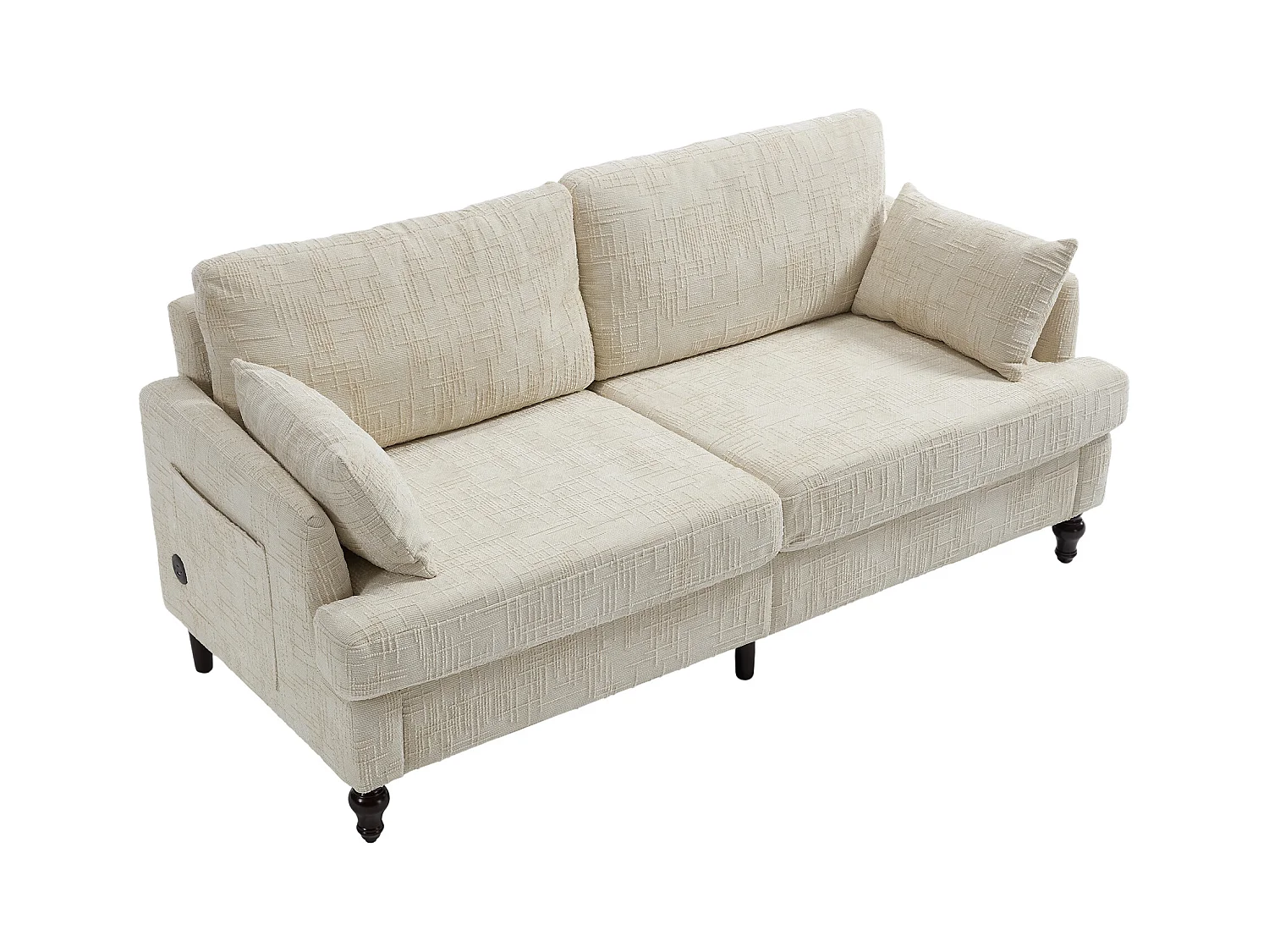 Canapé 2 places beige en chenille - Canapé droit avec rangement et éclairage LED - port de charge USB et pieds en bois