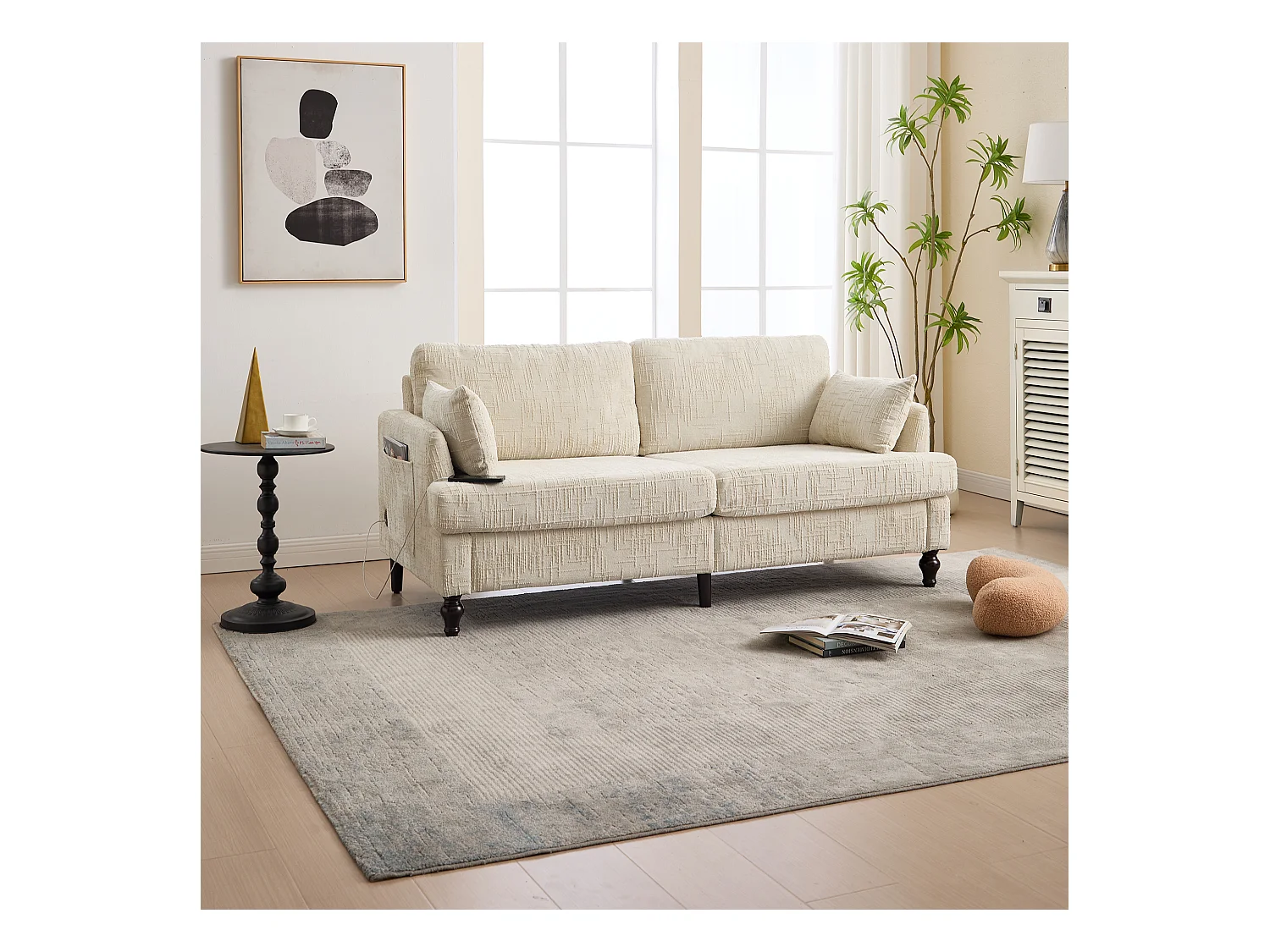 Canapé 2 places beige en chenille - Canapé droit avec rangement et éclairage LED - port de charge USB et pieds en bois