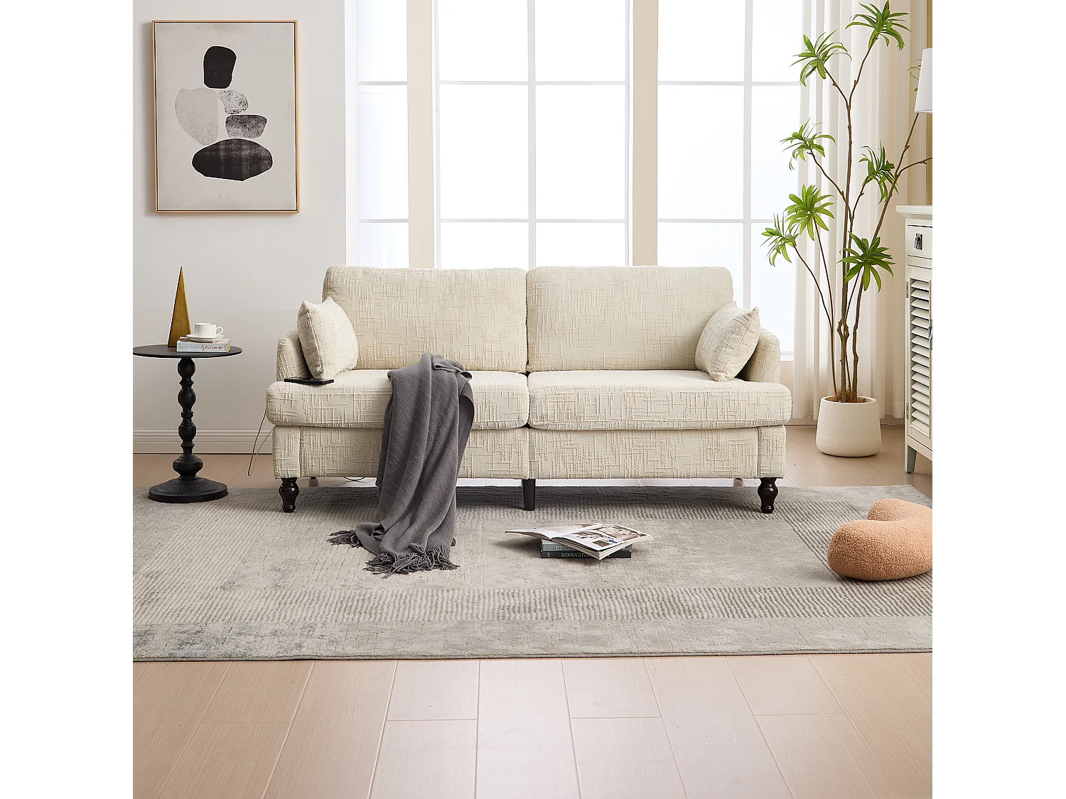 Sofá de 2 plazas de chenilla beige - Sofá recto con almacenaje e iluminación LED - Puerto de carga USB y patas de madera