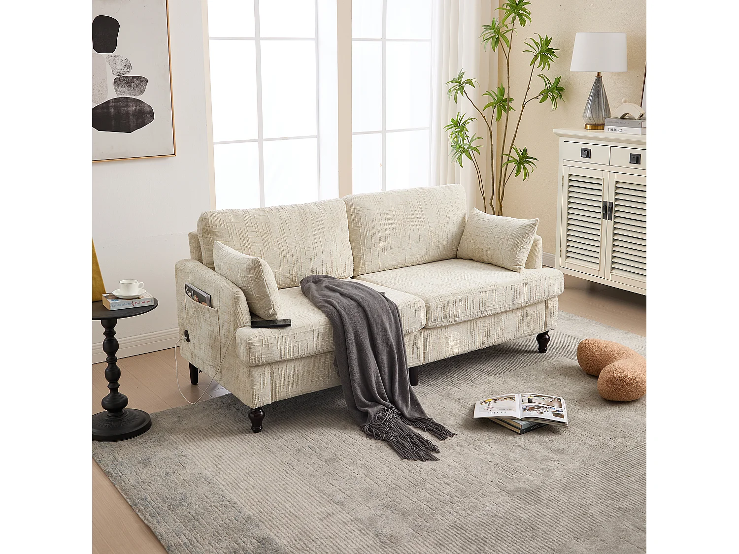 Sofá de 2 plazas de chenilla beige - Sofá recto con almacenaje e iluminación LED - Puerto de carga USB y patas de madera