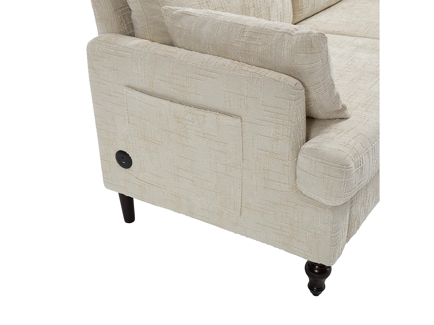 Sofá de 2 plazas de chenilla beige - Sofá recto con almacenaje e iluminación LED - Puerto de carga USB y patas de madera