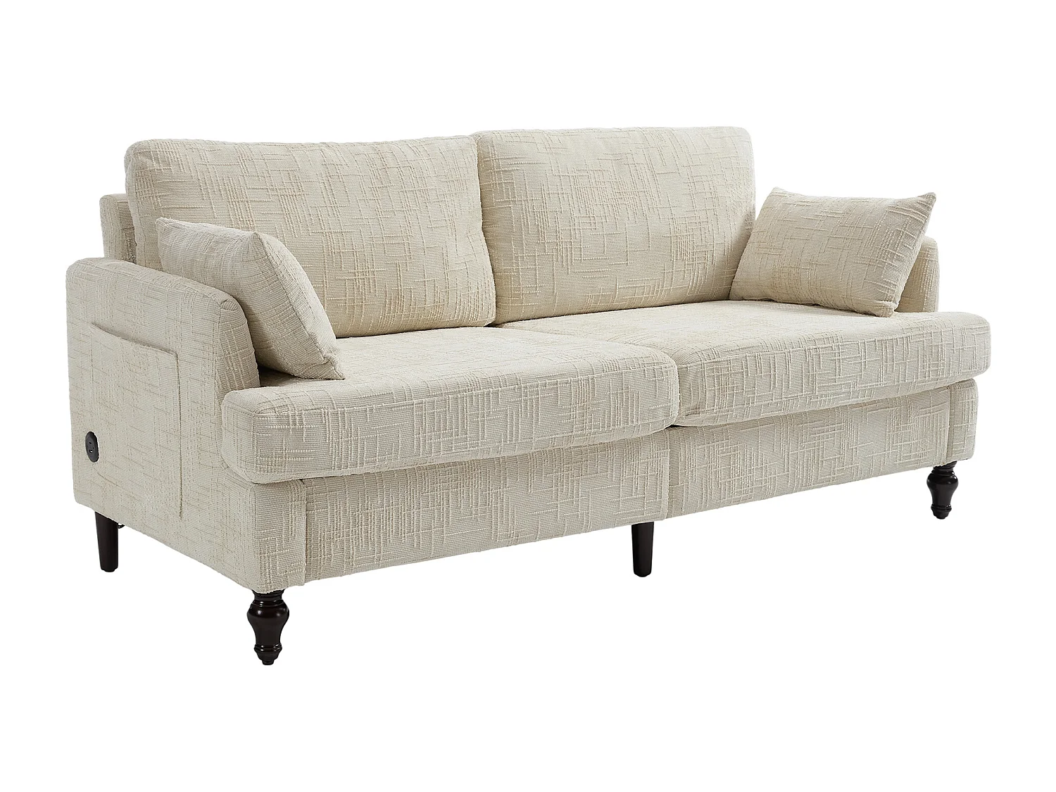 Sofá de 2 plazas de chenilla beige - Sofá recto con almacenaje e iluminación LED - Puerto de carga USB y patas de madera