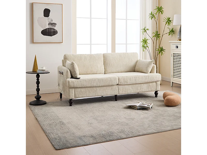 Sofa 2-osobowa w kolorze beżowym - Prosta sofa ze schowkiem i oświetleniem LED - port ładowania USB i drewniane nogi