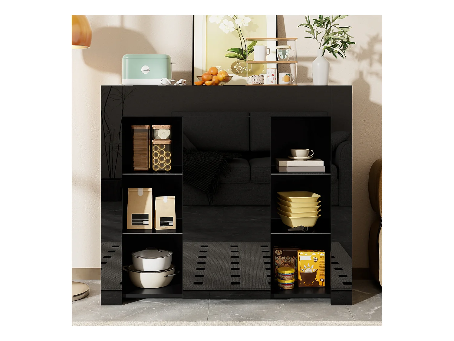 Buffet noir brillant – Buffet avec 1 porte et 6 compartiments de rangement ouverts – etagères et portes en verre
