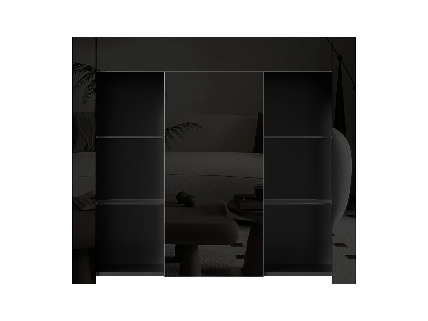 Buffet noir brillant – Buffet avec 1 porte et 6 compartiments de rangement ouverts – etagères et portes en verre