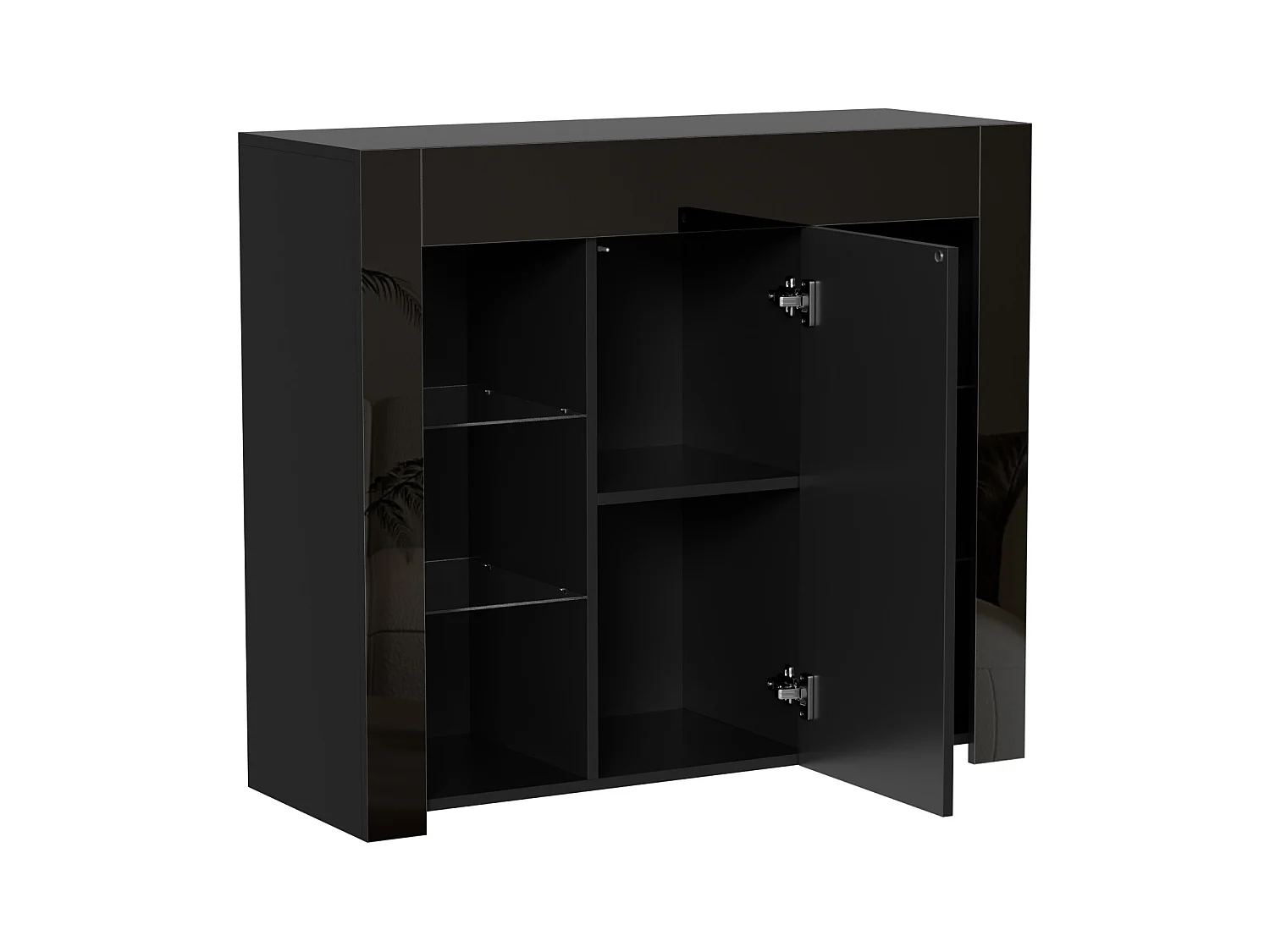 Buffet noir brillant – Buffet avec 1 porte et 6 compartiments de rangement ouverts – etagères et portes en verre