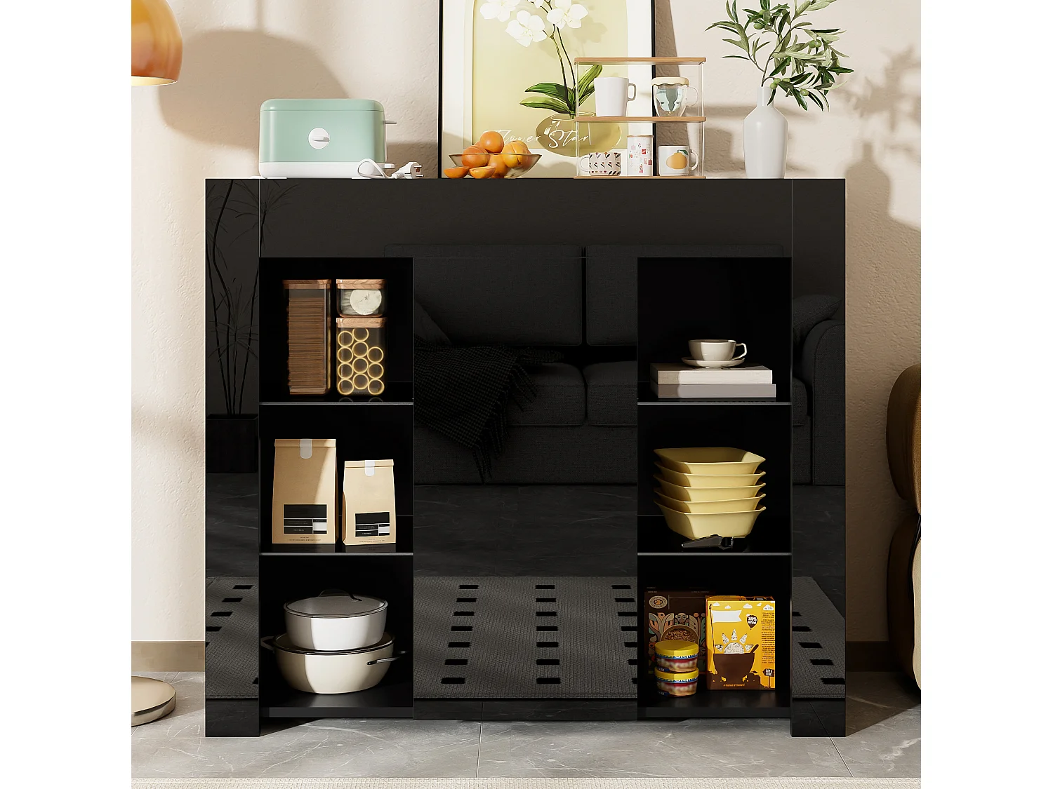 Buffet noir brillant – Buffet avec 1 porte et 6 compartiments de rangement ouverts – etagères et portes en verre