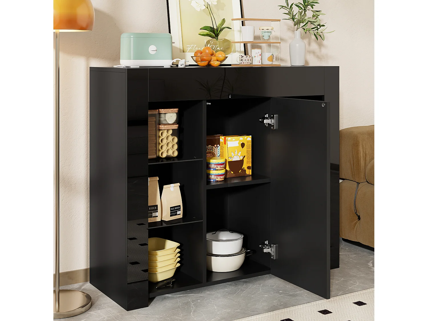 Buffet noir brillant – Buffet avec 1 porte et 6 compartiments de rangement ouverts – etagères et portes en verre