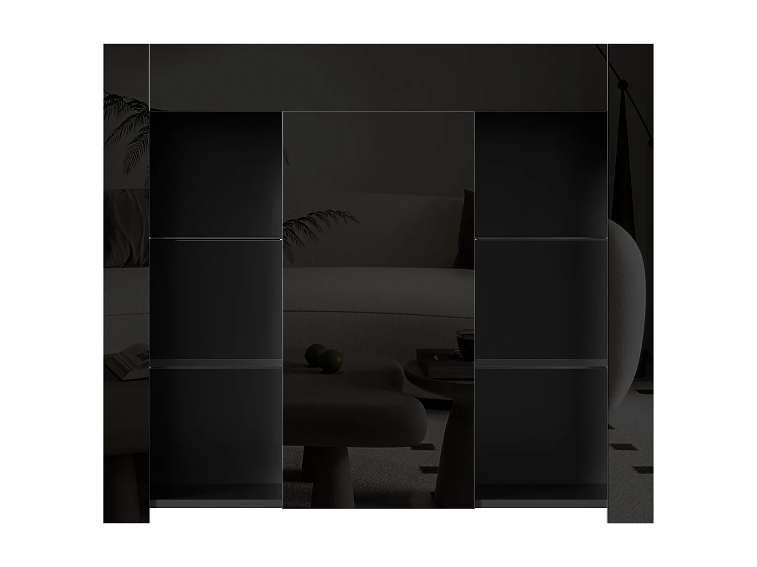 Buffet noir brillant – Buffet avec 1 porte et 6 compartiments de rangement ouverts – etagères et portes en verre