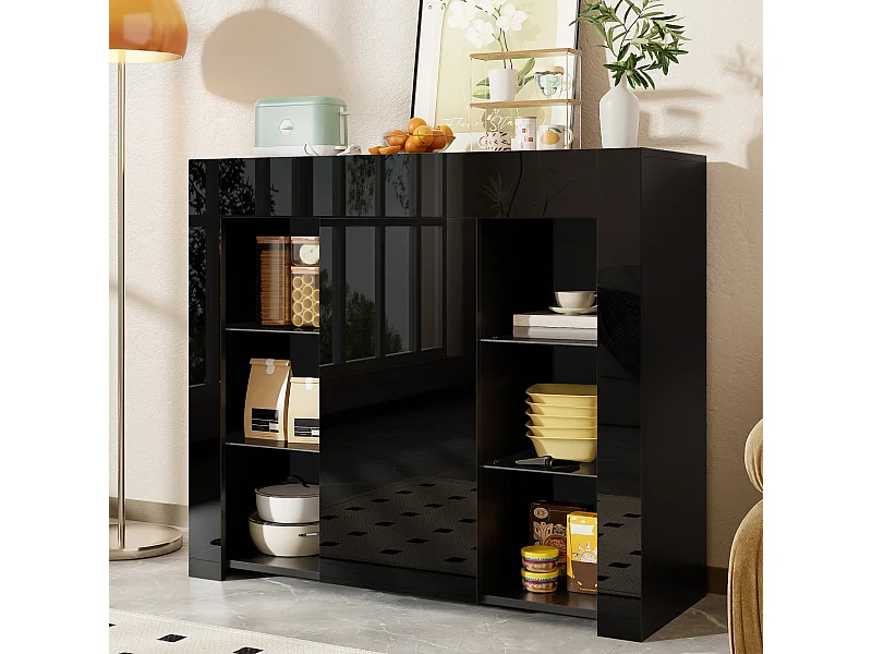 Aparador negro brillante - Aparador con 1 puerta y 6 compartimentos de almacenamiento abiertos - estantes y puertas de cristal