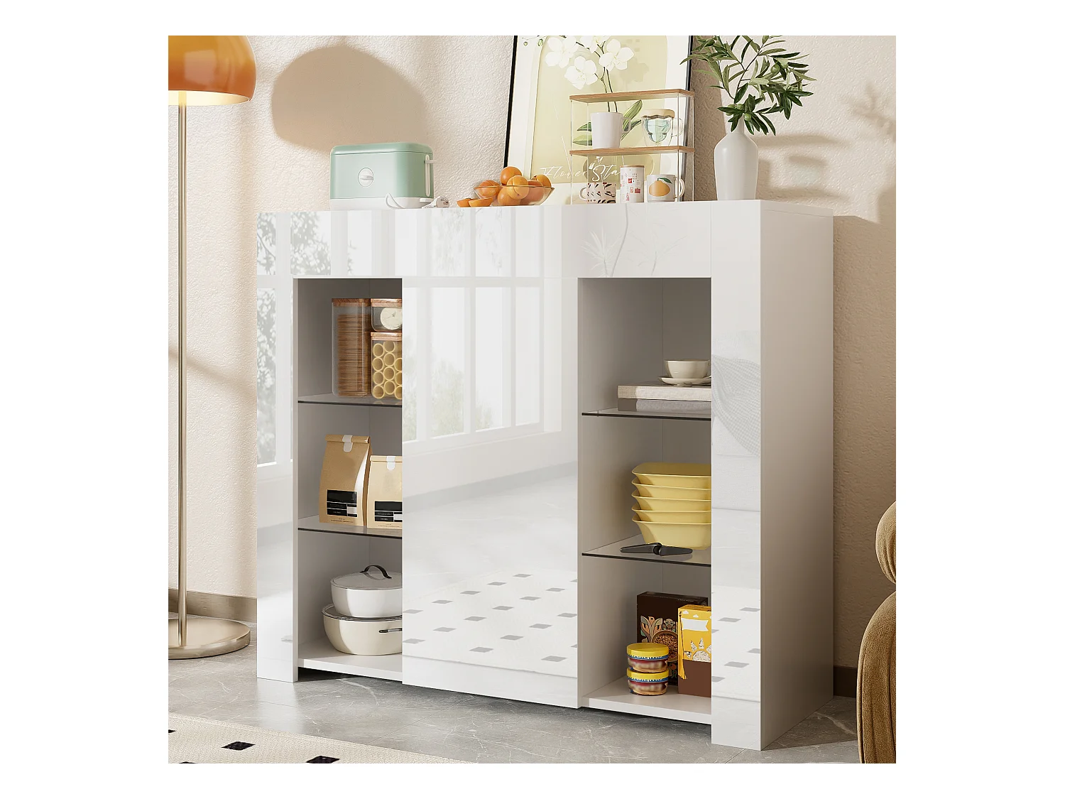 Buffet blanc brillant – Buffet avec 1 porte et 6 compartiments de rangement ouverts – etagères et portes en verre