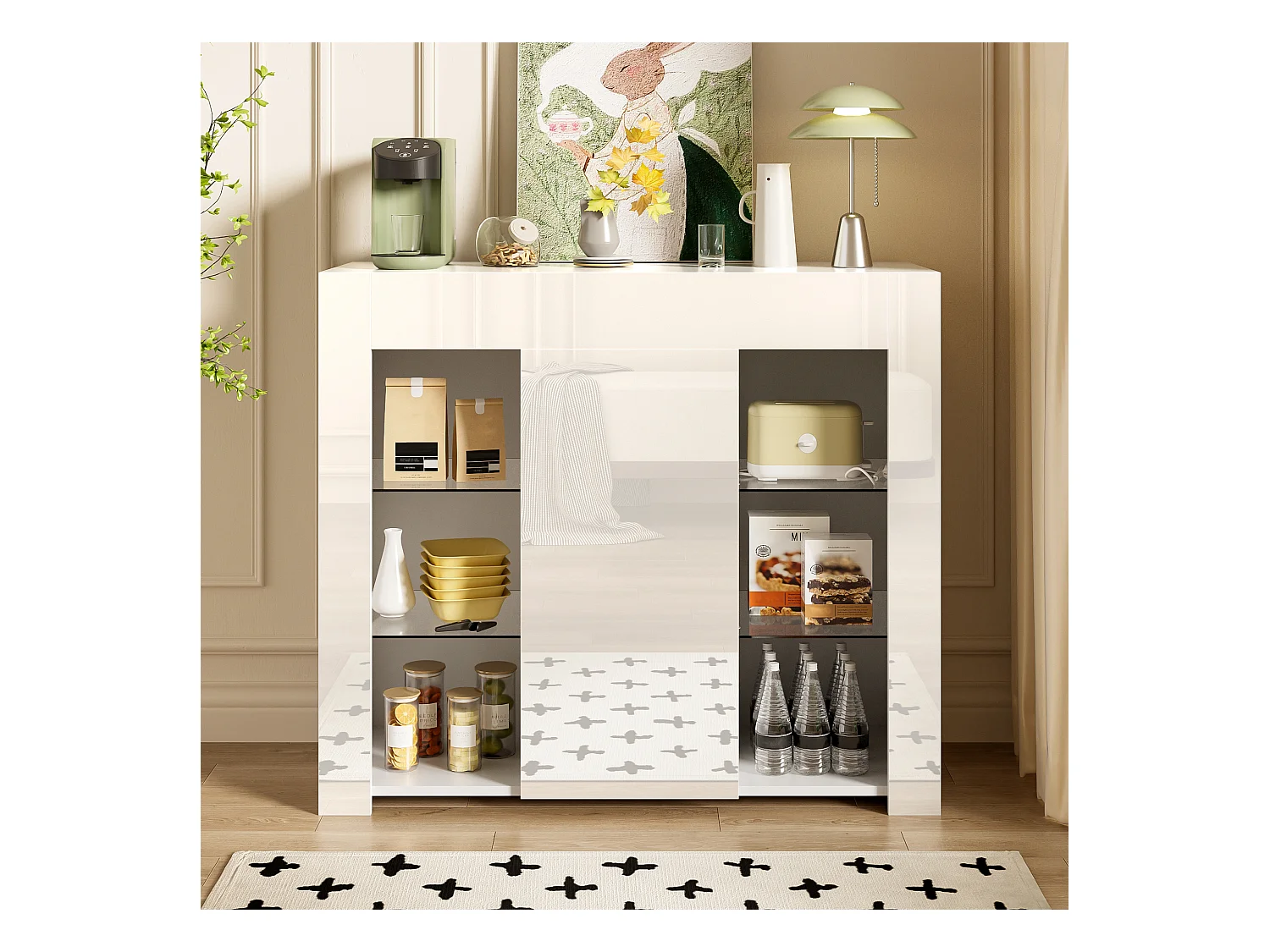 Buffet blanc brillant – Buffet avec 1 porte et 6 compartiments de rangement ouverts – etagères et portes en verre