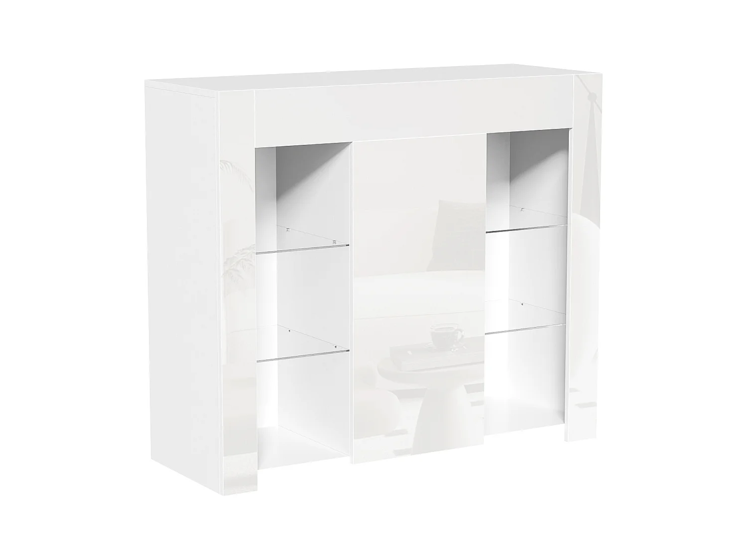 Buffet blanc brillant – Buffet avec 1 porte et 6 compartiments de rangement ouverts – etagères et portes en verre