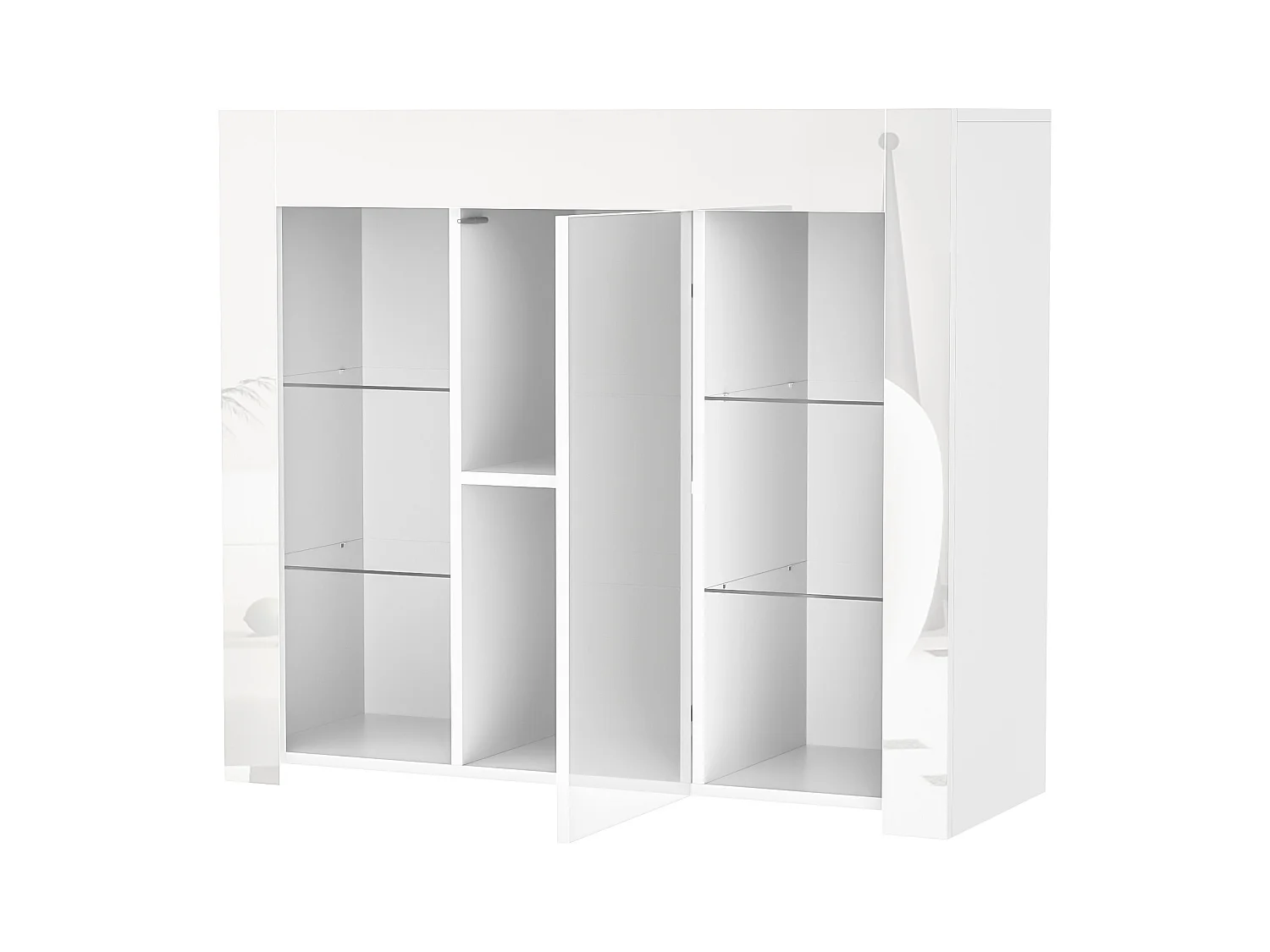 Buffet blanc brillant – Buffet avec 1 porte et 6 compartiments de rangement ouverts – etagères et portes en verre
