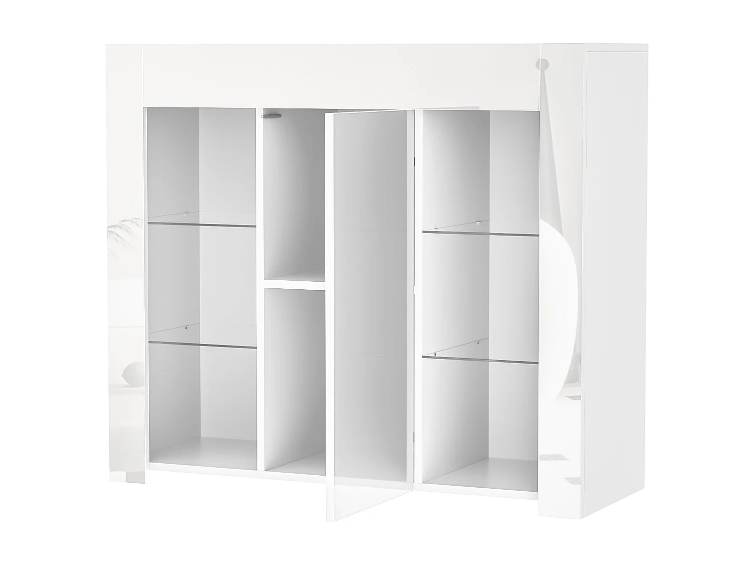 Buffet blanc brillant – Buffet avec 1 porte et 6 compartiments de rangement ouverts – etagères et portes en verre