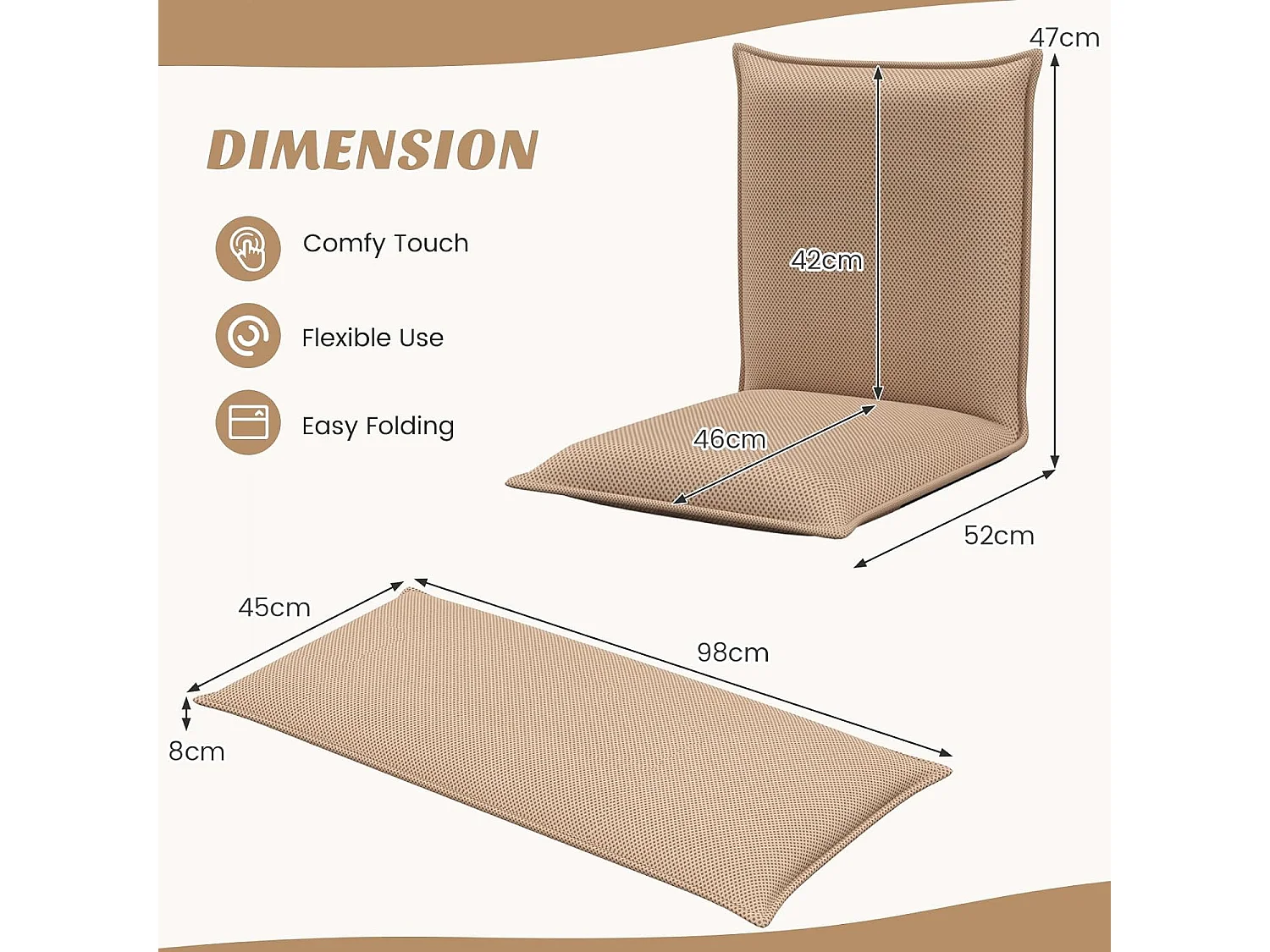Chaise de Sol Pliable Tatami Inclinable en 6 Position 44 x 54,5 x 53,5 CM  Marron