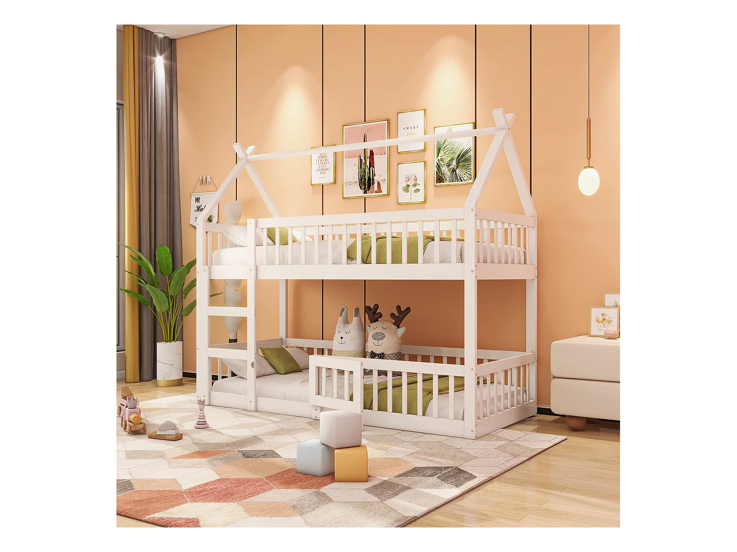 Lit superposé 90 x 200 cm - Lit enfant avec escalier et barrières - lit superposé inférieur avec porte - bois blanc