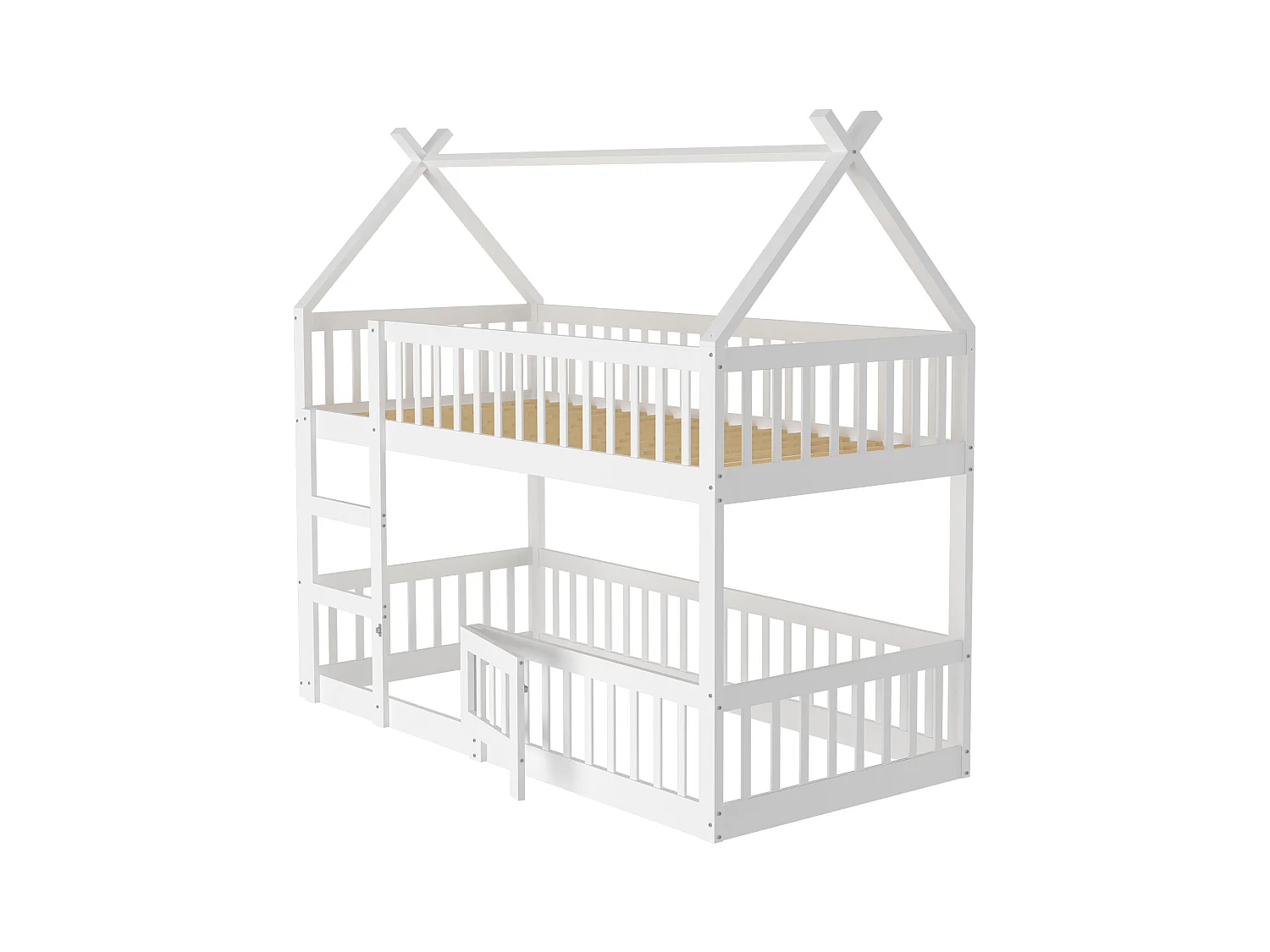 Lit superposé 90 x 200 cm - Lit enfant avec escalier et barrières - lit superposé inférieur avec porte - bois blanc