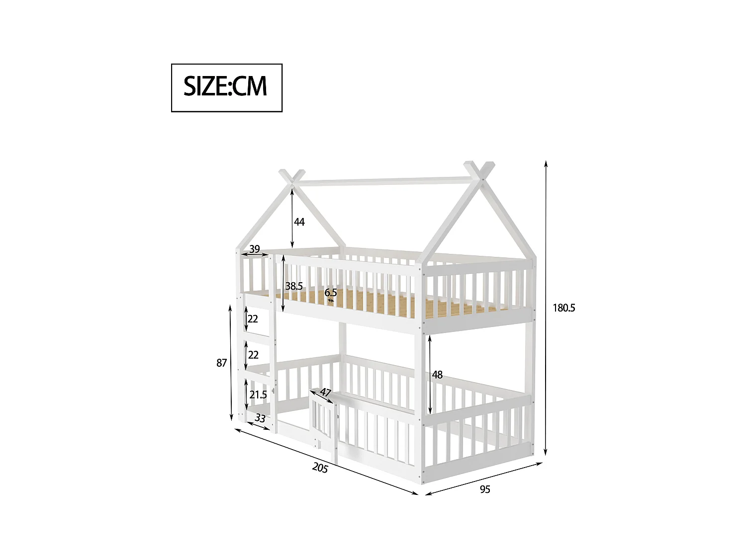 Lit superposé 90 x 200 cm - Lit enfant avec escalier et barrières - lit superposé inférieur avec porte - bois blanc