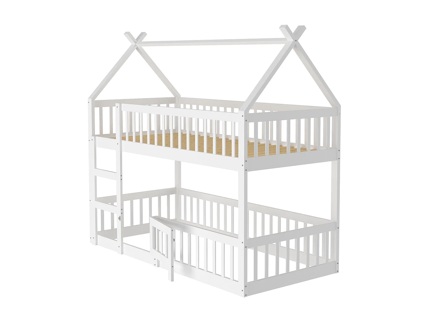 Litera 90 x 200 cm - Cama infantil con escalera y barreras - Litera inferior con puerta - Madera blanca