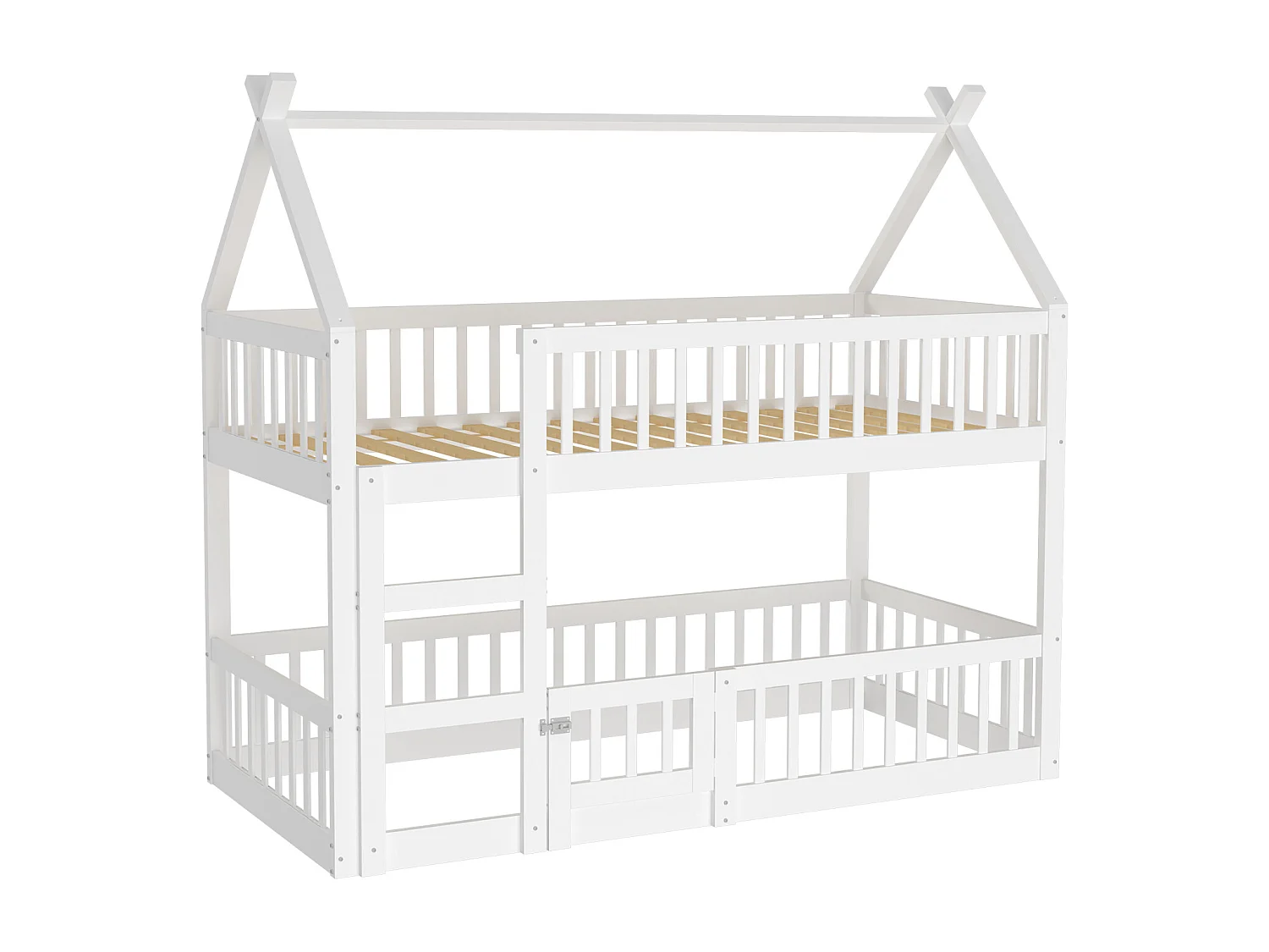 Litera 90 x 200 cm - Cama infantil con escalera y barreras - Litera inferior con puerta - Madera blanca