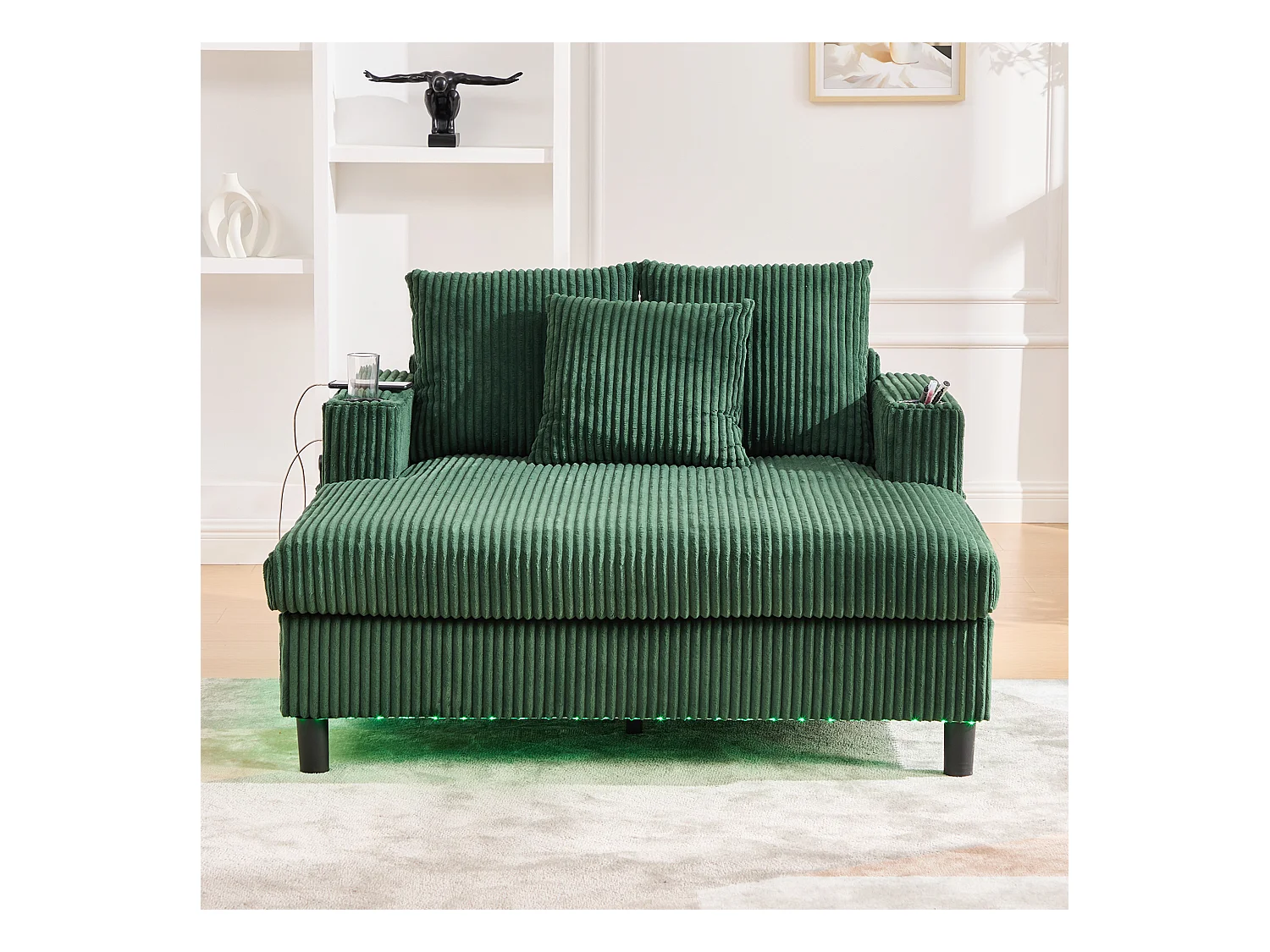 Grünes 1-Sitzer-Sofa – Ruhesessel mit seitlichen Getränkehaltern und USB-Ladeanschluss – LED-Stimmungsbeleuchtung