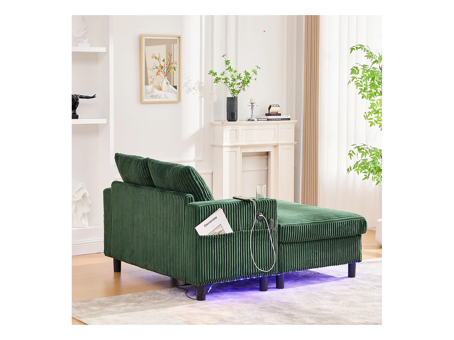 Grünes 1-Sitzer-Sofa – Ruhesessel mit seitlichen Getränkehaltern und USB-Ladeanschluss – LED-Stimmungsbeleuchtung