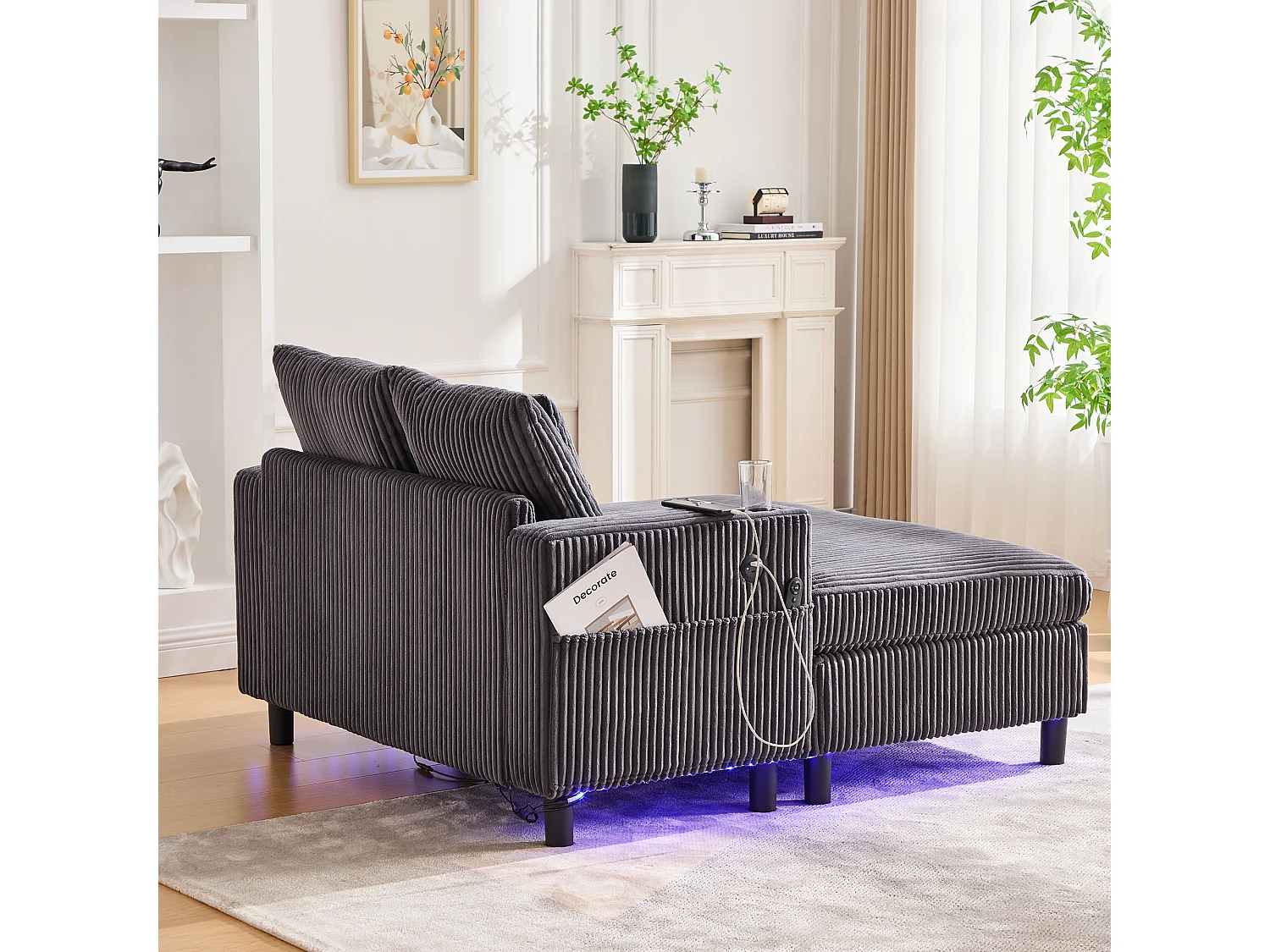 Grijze 1-zitsbank - Relaxfauteuil met bekerhouders aan de zijkant en USB-oplaadpoort - LED-sfeerverlichting