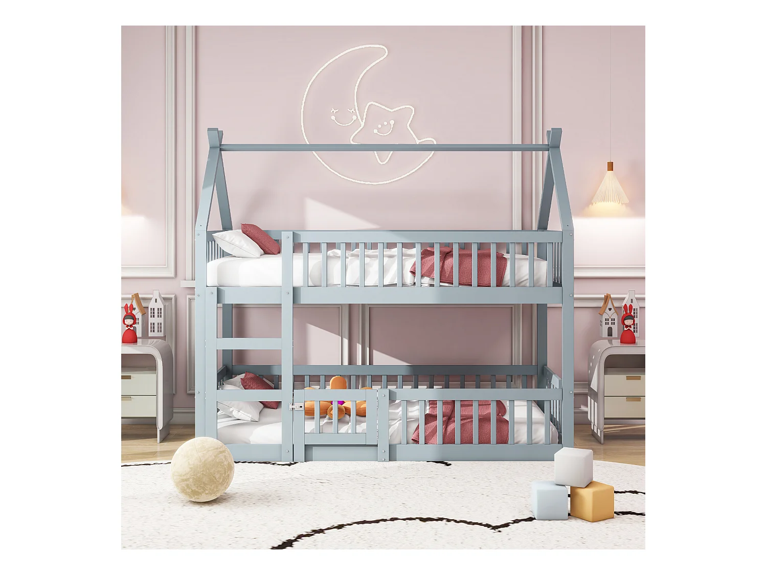 Lit superposé 90 x 200 cm - Lit enfant avec escalier et barrières - lit superposé inférieur avec porte - bois gris