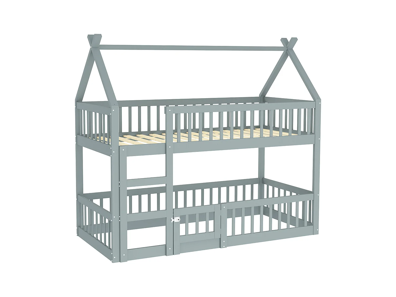 Lit superposé 90 x 200 cm - Lit enfant avec escalier et barrières - lit superposé inférieur avec porte - bois gris