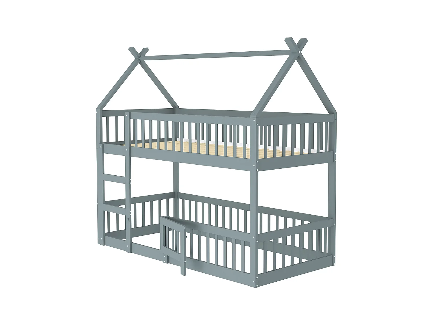 Stapelbed 90 x 200 cm - Kinderbed met trap en barrières - Onderste stapelbed met deur - Grijs hout