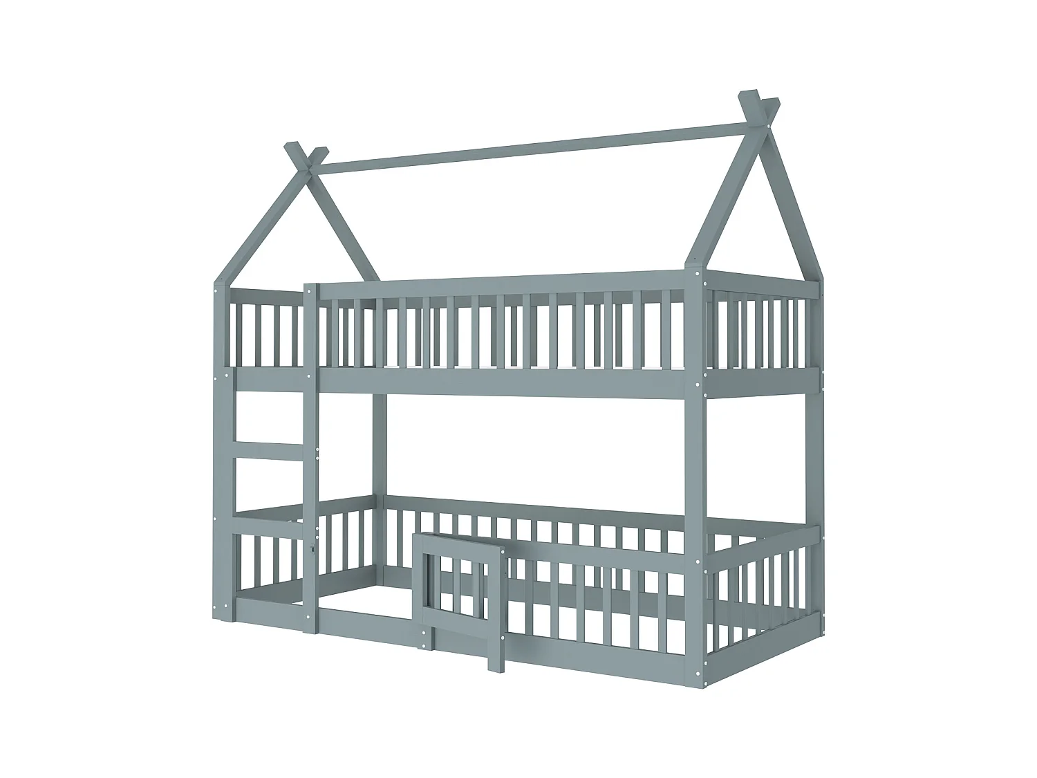 Stapelbed 90 x 200 cm - Kinderbed met trap en barrières - Onderste stapelbed met deur - Grijs hout