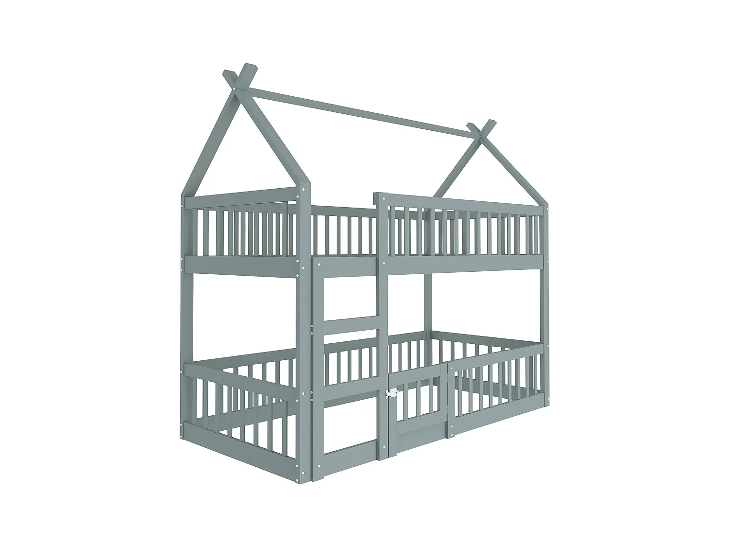 Stapelbed 90 x 200 cm - Kinderbed met trap en barrières - Onderste stapelbed met deur - Grijs hout