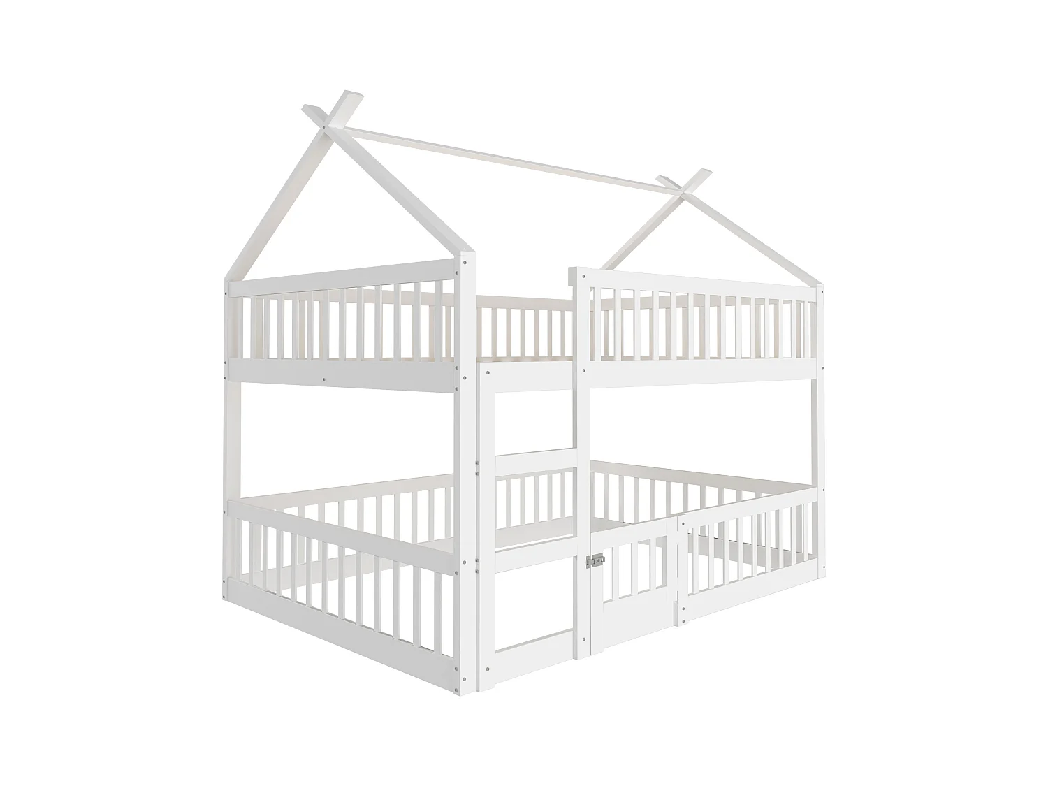 Etagenbett 140 x 200 cm - Kinderbett mit Treppe und Barrieren - Unteres Etagenbett mit Tür - Weißes Holz