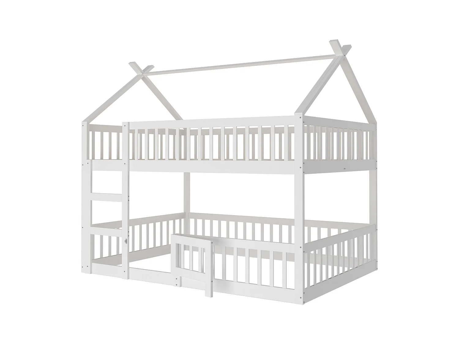 Etagenbett 140 x 200 cm - Kinderbett mit Treppe und Barrieren - Unteres Etagenbett mit Tür - Weißes Holz