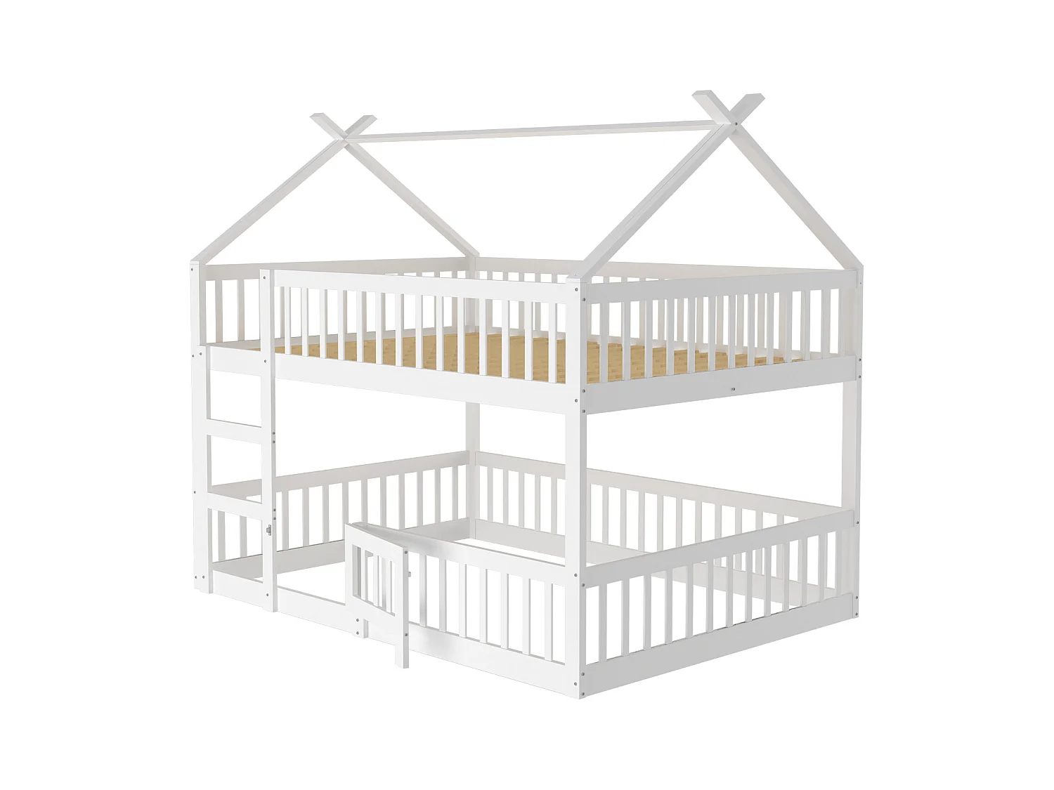 Stapelbed 140 x 200 cm - Kinderbed met trap en barrières - Onderste stapelbed met deur - Wit hout